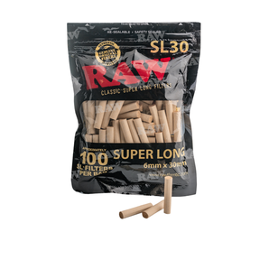 RAW SUPER LONG FILTERS - UNBLEACHED SLIM SL30, 100 TIPS PER BAG