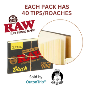 RAW BLACK PERFORATED EXTRA WIDE TIPS - UNBLEACHED AND UNREFINED ROLLING TIPS, 40 TIPS PER BOOKLET