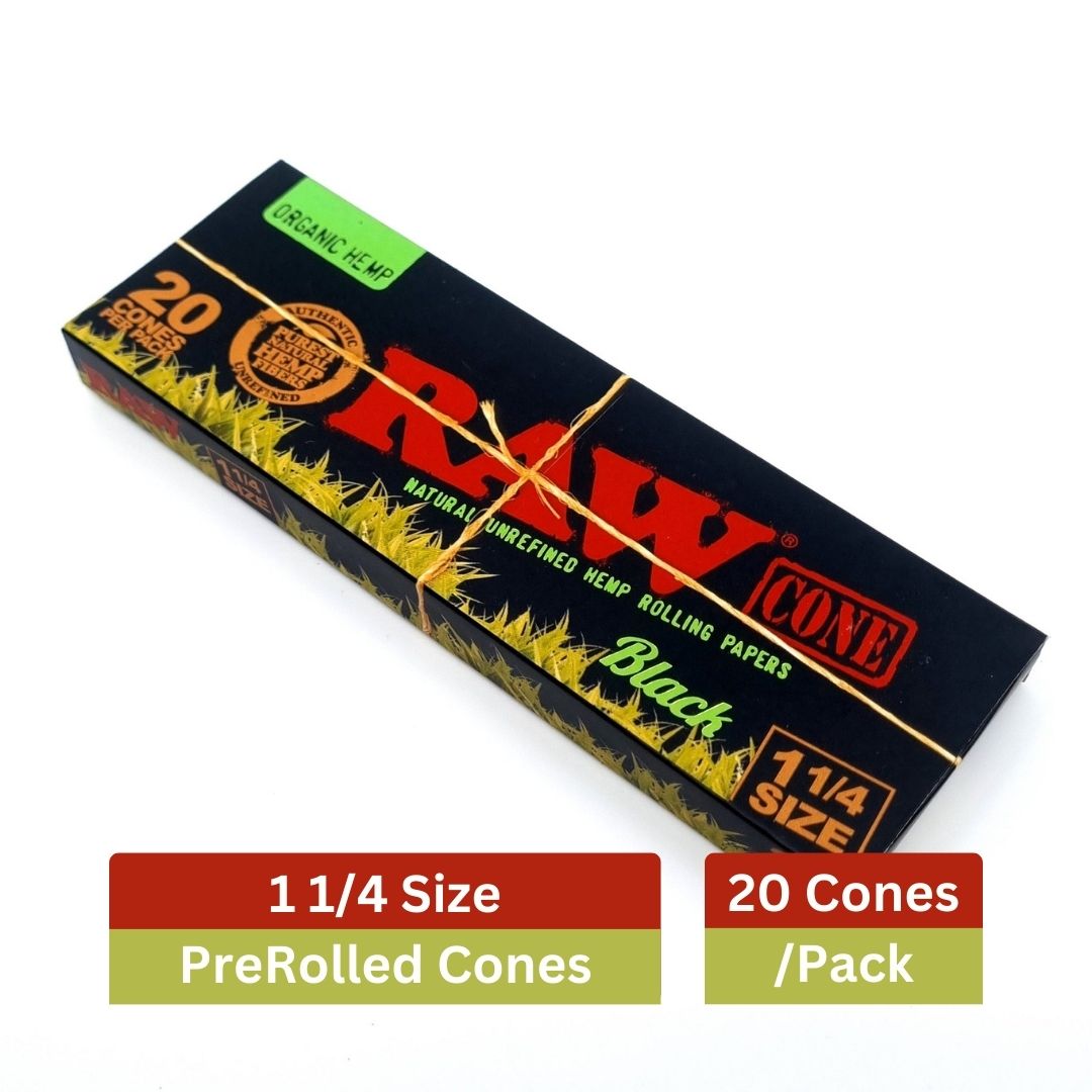 RAW Black Organic Cone 1 1/4 Size - 20 Pre-Rolled Cones