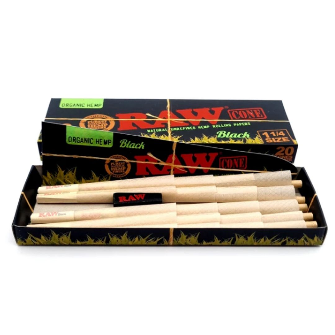 RAW Black Organic Cone 1 1/4 Size - 20 Pre-Rolled Cones