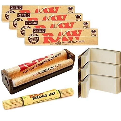 OutonTrip RAW Classic King Size Slim Combo Includes: 2 Packs Of RAW Classic King Size Slim Rolling Paper, 2  RAW wide perforated Tips, RAW 110MM Roller and  Raw bamboo rolling matt - Outontrip