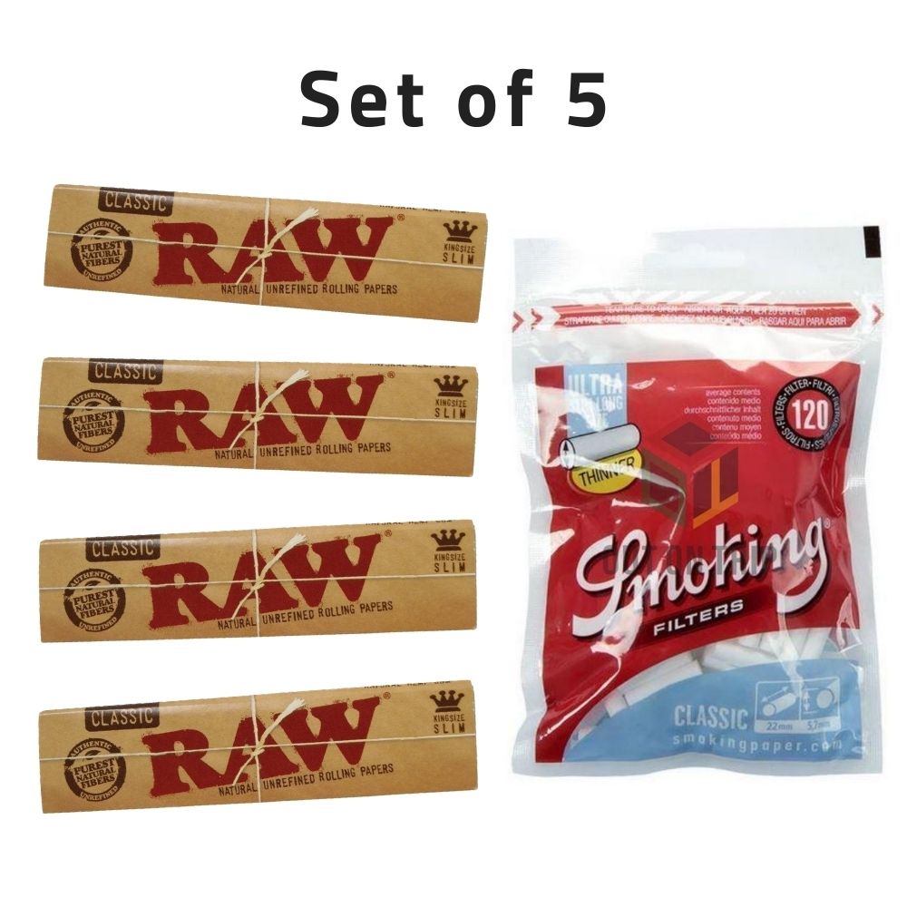 RAW Classic Rolling Paper with SMOKING Ultra Slim Cotton Filters - Set of 5