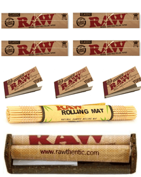 RAW Classic King Size Slim Combo Includes: 4 Packs Of RAW Classic King Size Slim Rolling Paper, 3  RAW wide perforated Tips, RAW 110MM Roller and  Raw bamboo rolling mat