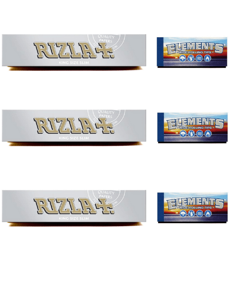 Rizla Plus Silver Rolling Paper + Elements wide tips/roach - Set Of 6
