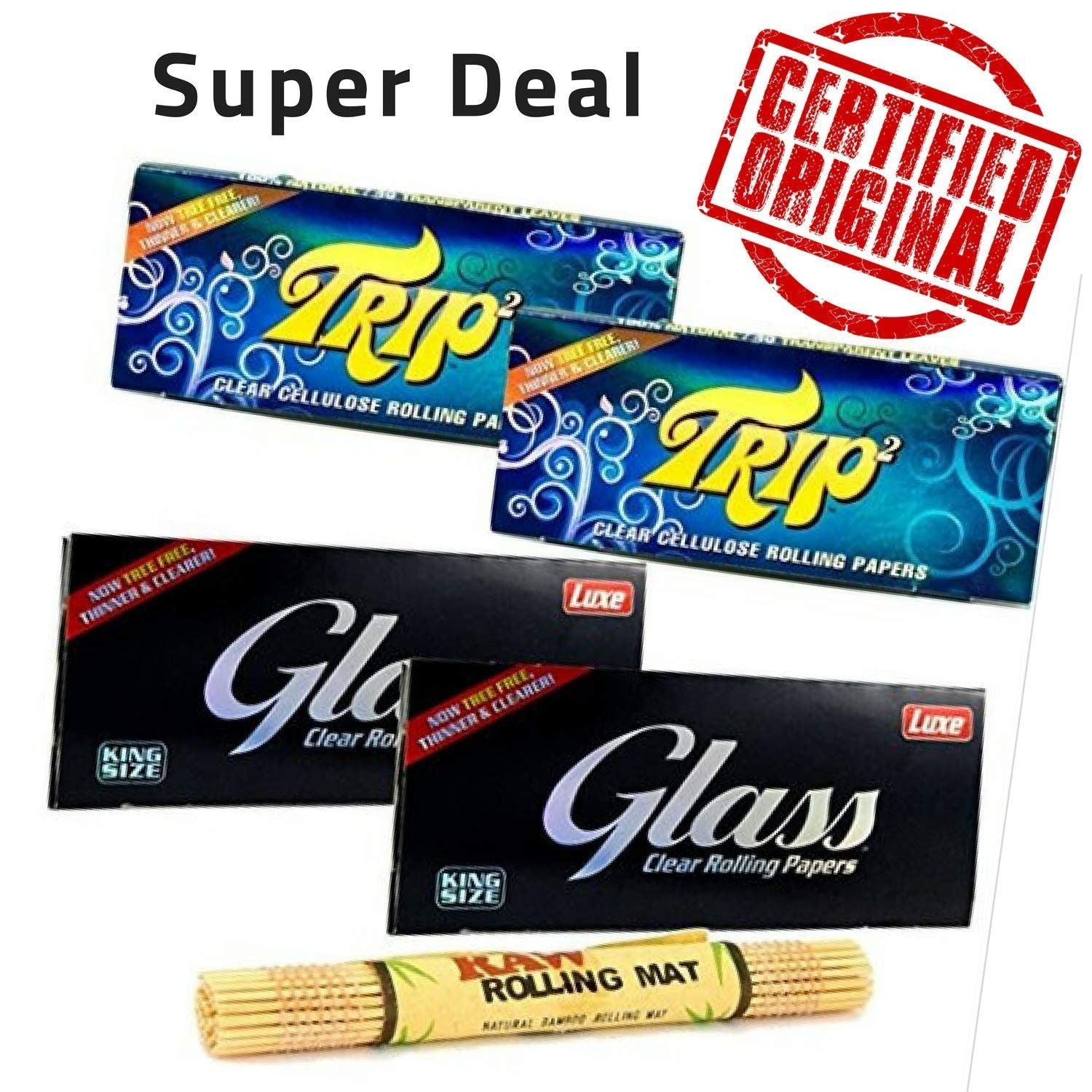 Luxe Glass and Trip2 Rolling Paper with RAW Rolling Mat - Set of 5