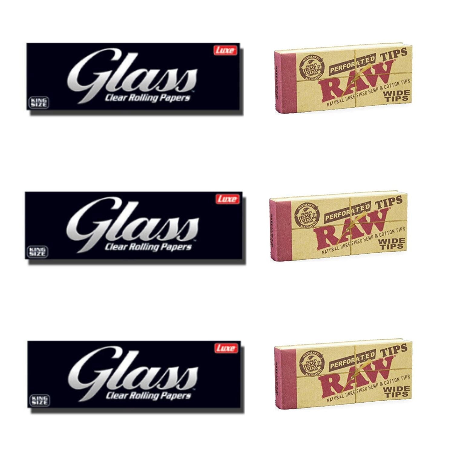 3 Luxe Glass Clear Rolling Papers + 3 RAW Wide Perforated Tips/Roach - Set Of 6